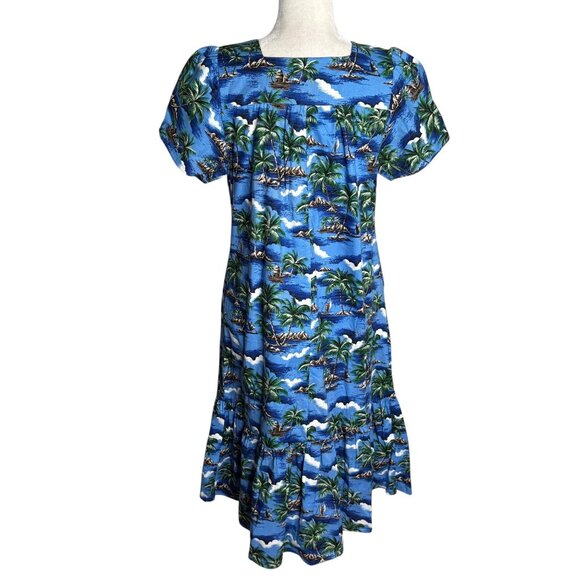 CT Hawaii Fashions Hawaiian Tropical Maxi Dress Size M Blue Short Sleeve Cotton - Picture 4 of 6